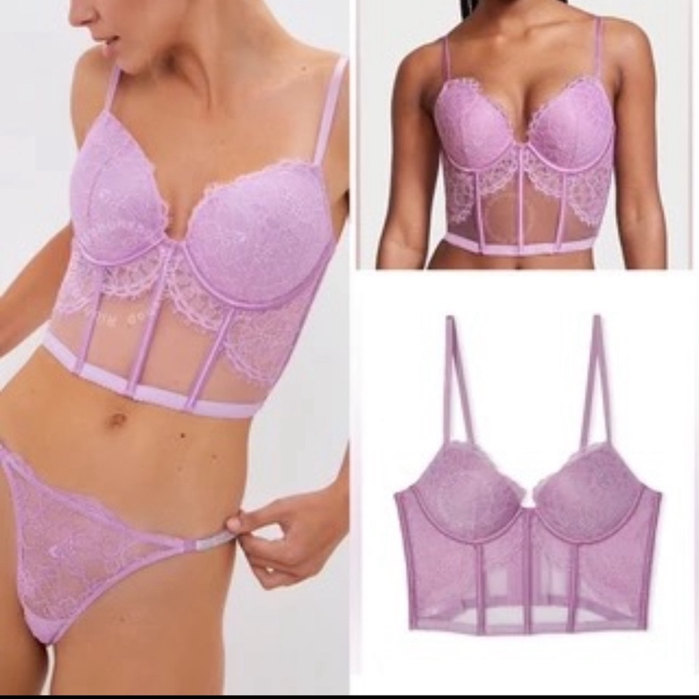 Victoria's Secret Lingerie Purple Lace Underwire Corset Bra Top Strappy 34B NWOT
